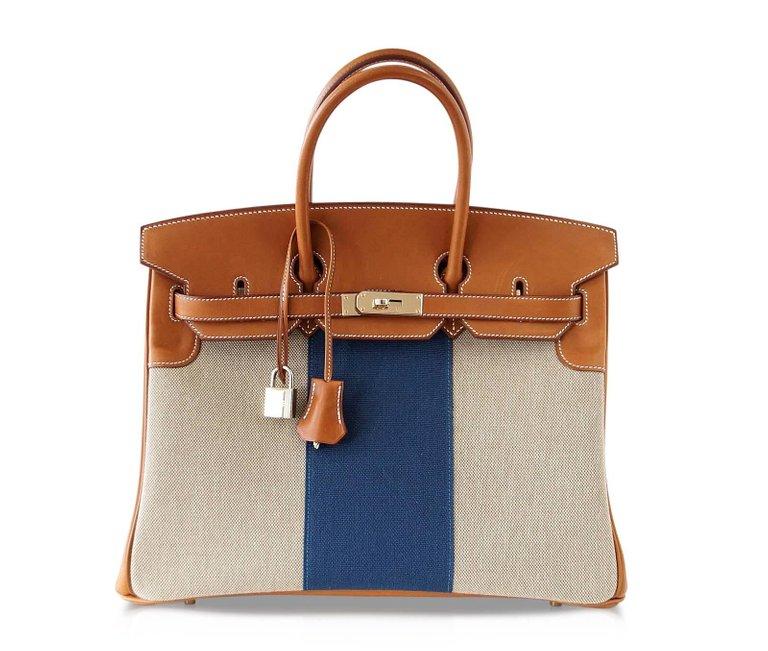 Hermes Birkin 35 Bag Flag Barenia / Toile Blue Permabrass Rare Limited ...